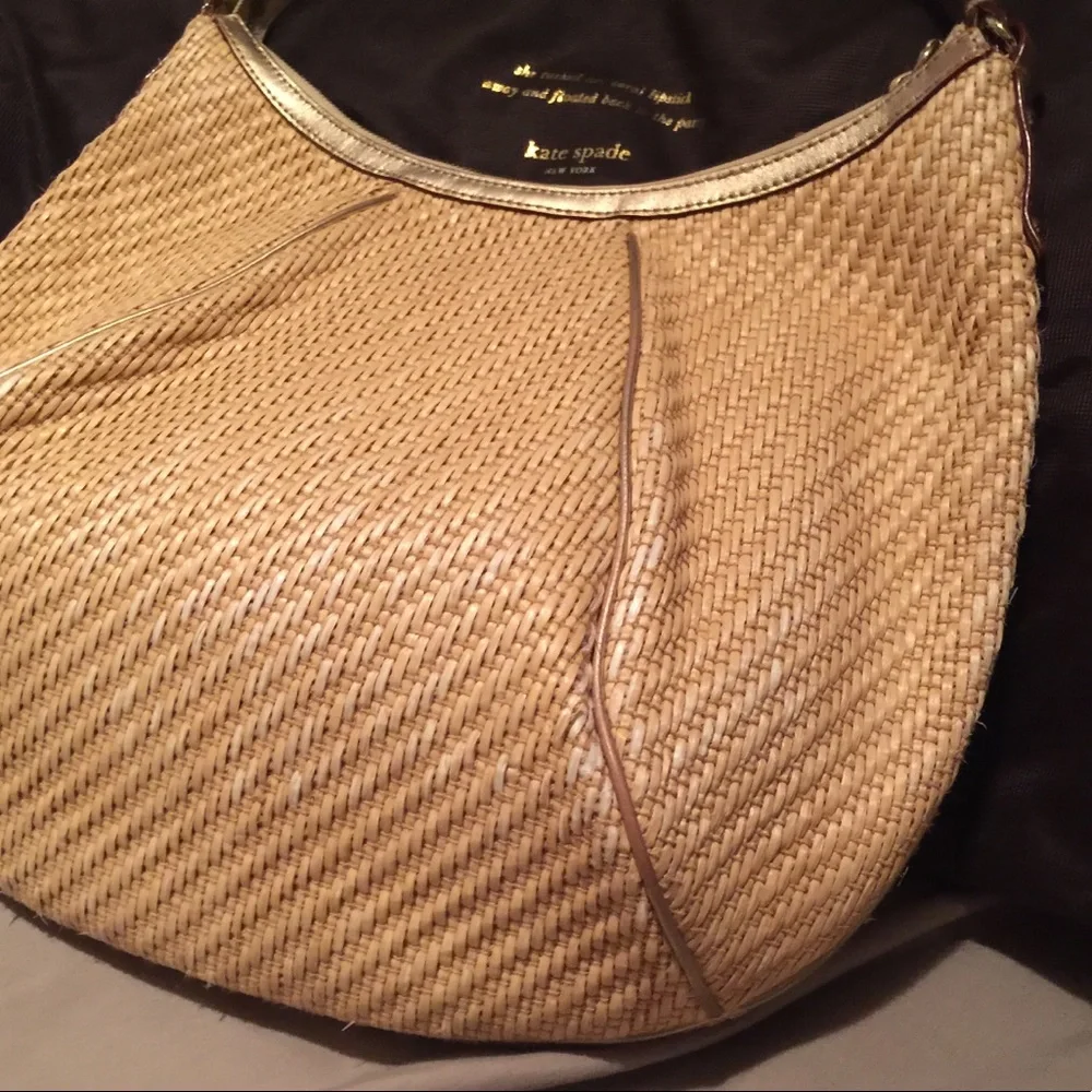 Kate Spade Natural Straw Woven Bag with Brown Leather Trim and Gold Accents